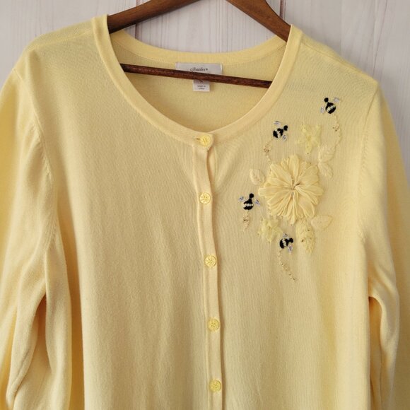 CJ Banks 100% Cotton Button Front Granny Cardigan Sweater, Floral Beaded Bee EUC - Picture 2 of 8